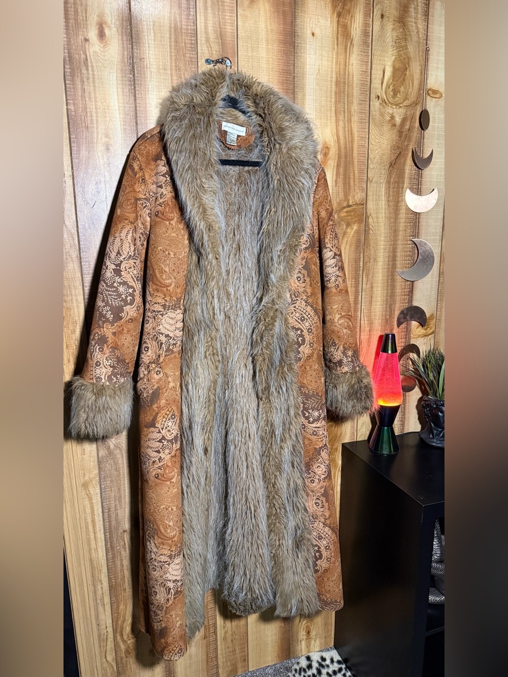 Newport News Brown Paisley Teddy Coat with Faux Fur Trim - Picture 8 of 14